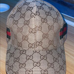Gucci Tan Monogram Cap with Red and Green Stripes